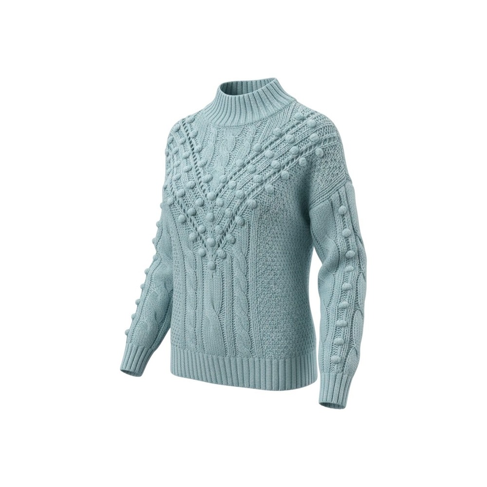 Marie Oliver Light Blue Cable Knit Pom Pom Mock Neck Sweater Wool Blend Large